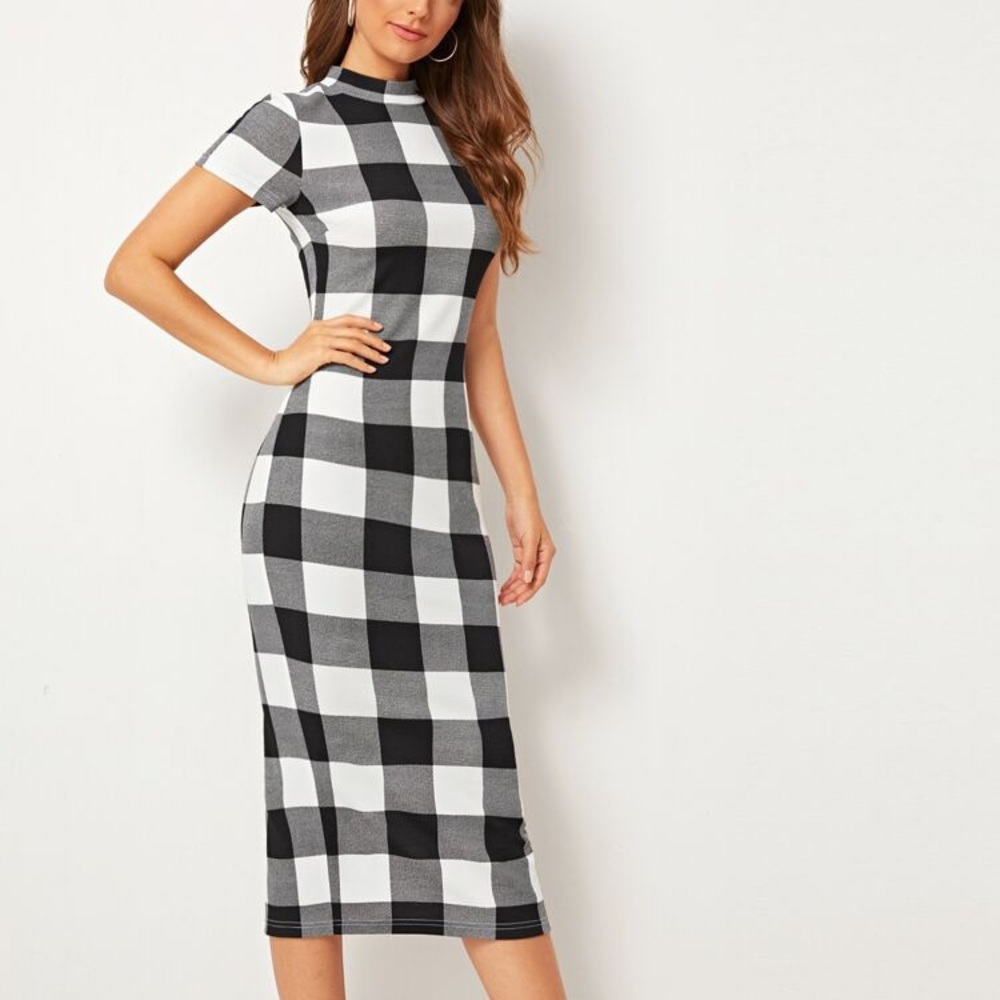 Buffalo Plaid Mock-Neck Slit Hem Pencil Dress